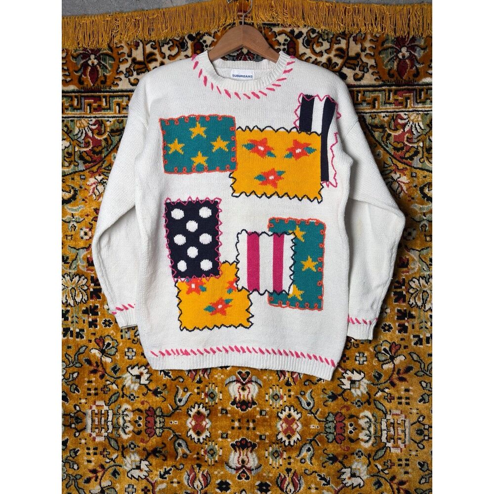Vintage 80s Colorful Patchwork Postage Stamp Ugly Sweater 80s sz S Ramie Cotton